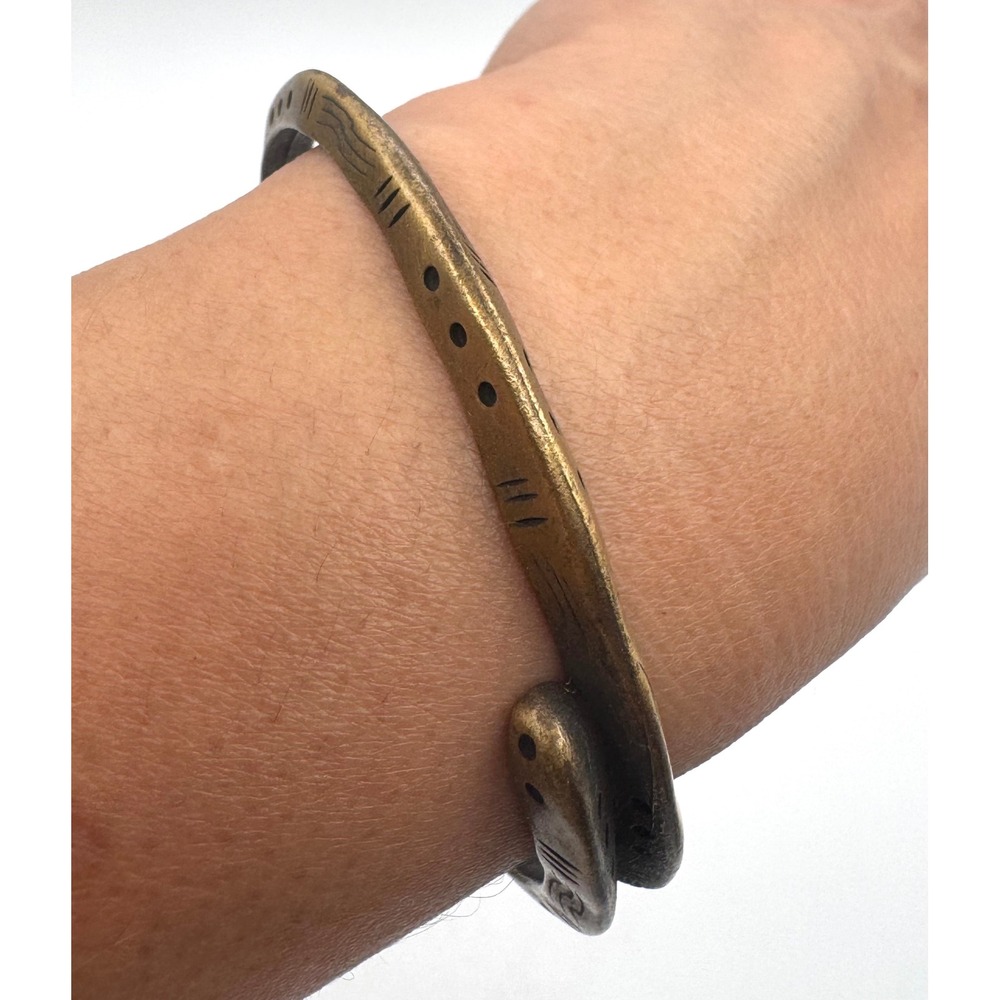 Vintage Tribal Etched Bronze Tone Bypass Bangle Bracelet Wrap Style 7.5 Inch